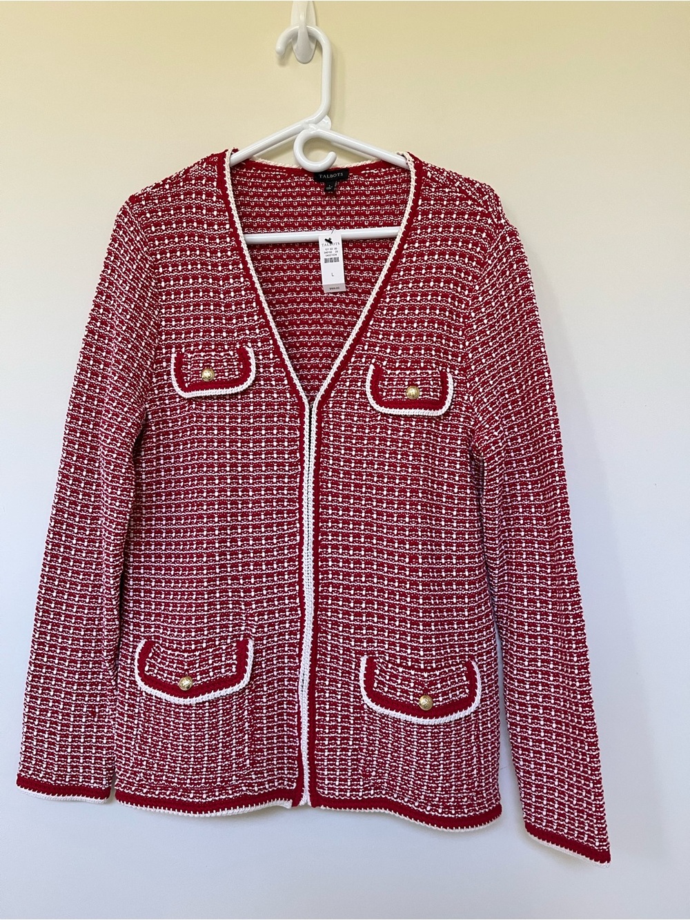 Talbots ~ Classic Red & White Tweed Knit Cardigan ~ Large ~ New with Tags - Picture 2 of 10